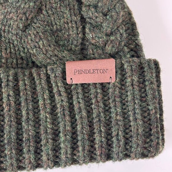 Pendleton Hat Wool Blend Cable Knit Beanie w/ Faux Fur Pom Pom O/S Olive Green - Picture 4 of 8
